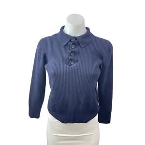 Orlebar Brown Women's Navy Blue Long Sleeve Ribbed Knit Polo Sweater Top Size S